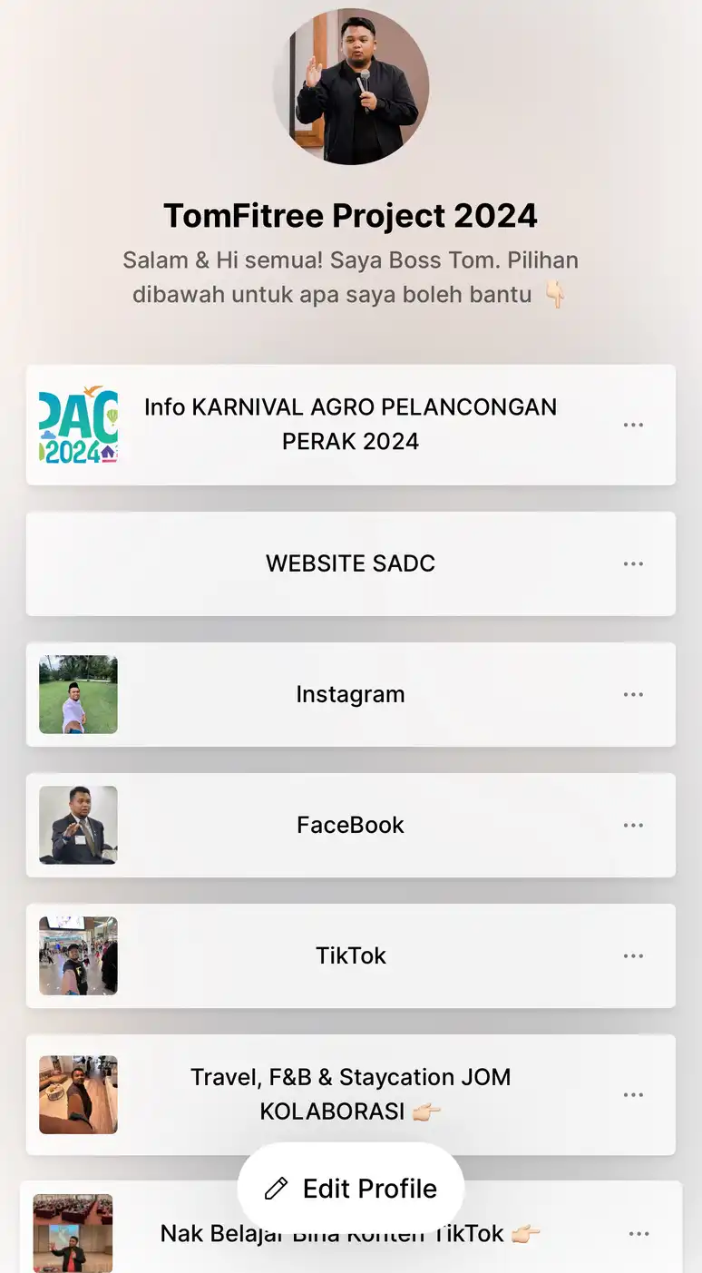 Mobile interface showing a profile with options including Instagram, Facebook, and TikTok links, along with project information for TomFitree Project 2024. CK Media