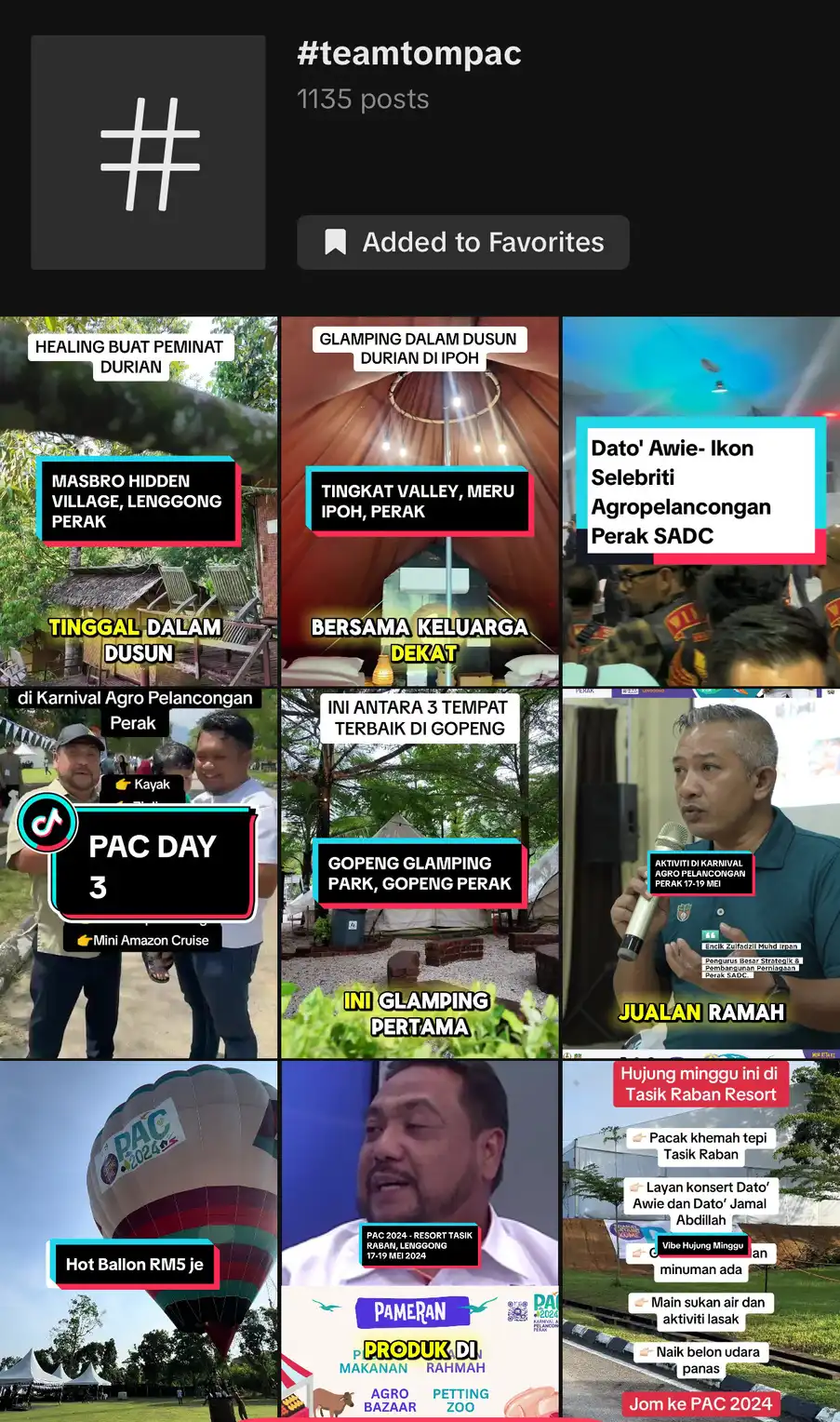 Collage of Instagram posts with hashtags and event banners related to tourism and agriculture in Perak, featuring glamping, cultural sites, and public figures. CK Media