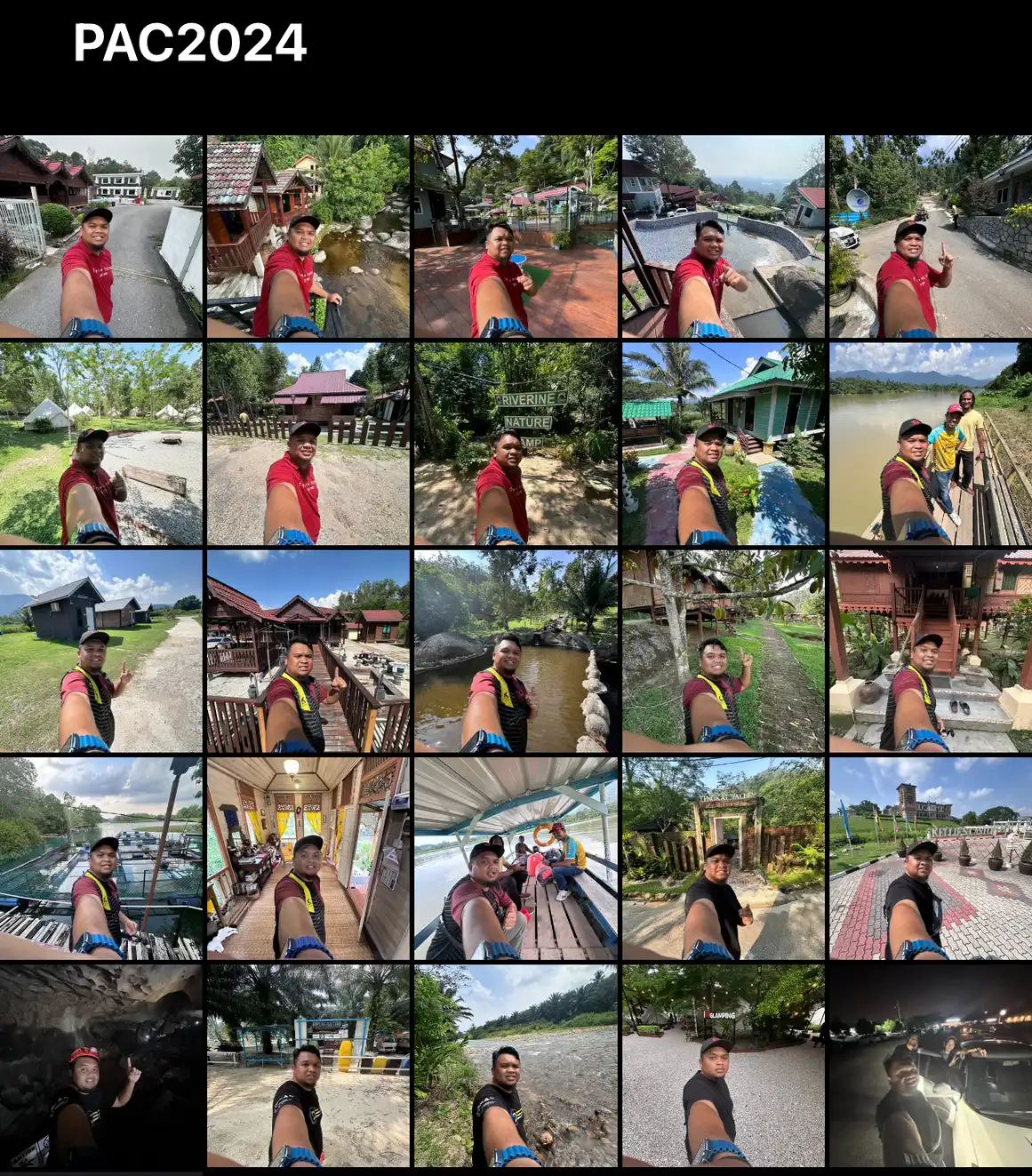 Collage of selfies featuring a person in various outdoor settings, including gardens, roads, and waterways, labeled PAC2024. CK Media