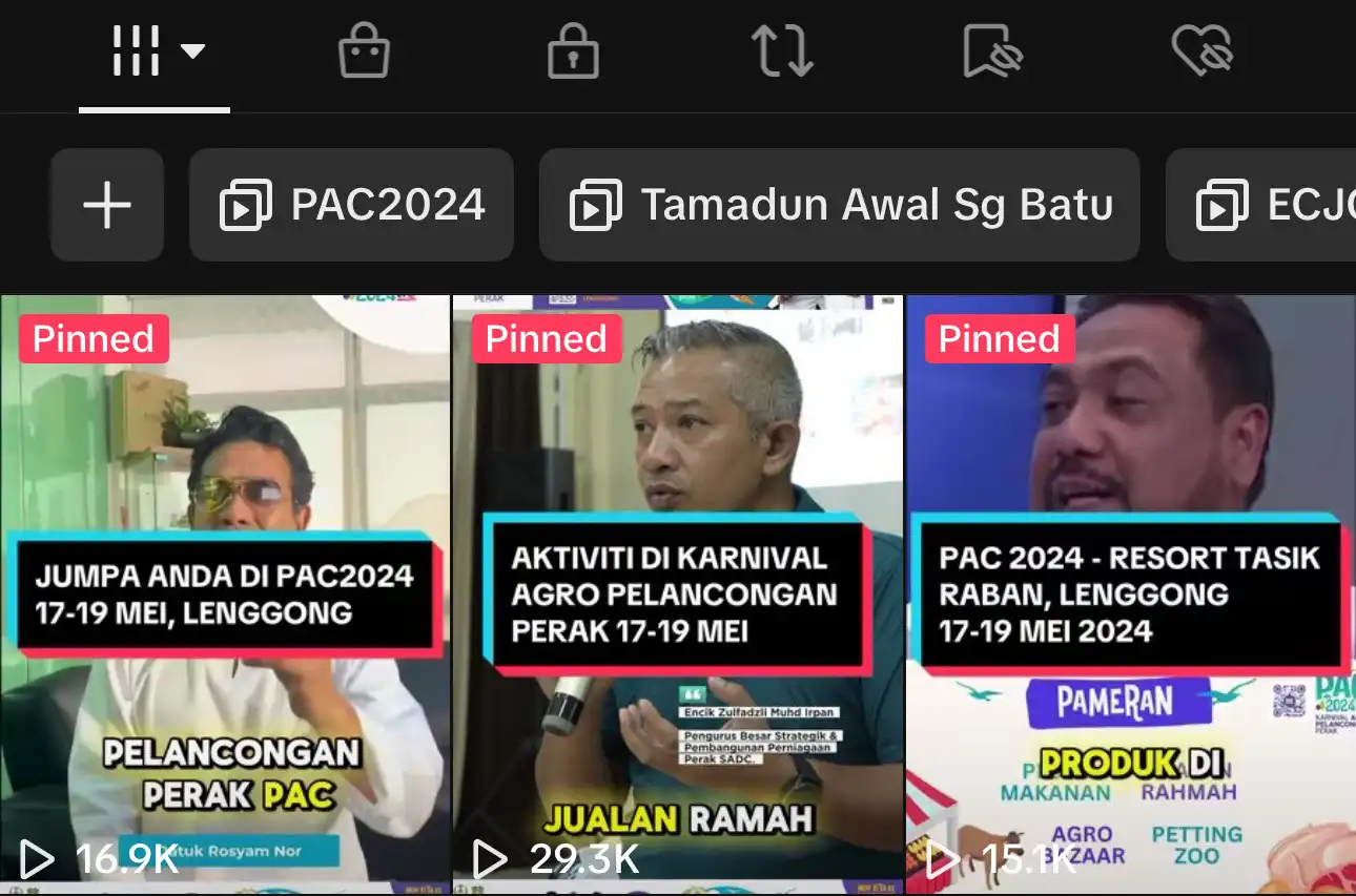 Three video thumbnails showing pinned events for PAC2024, featuring speakers discussing tourism in Lenggong, Perak, from 17-19 May. CK Media