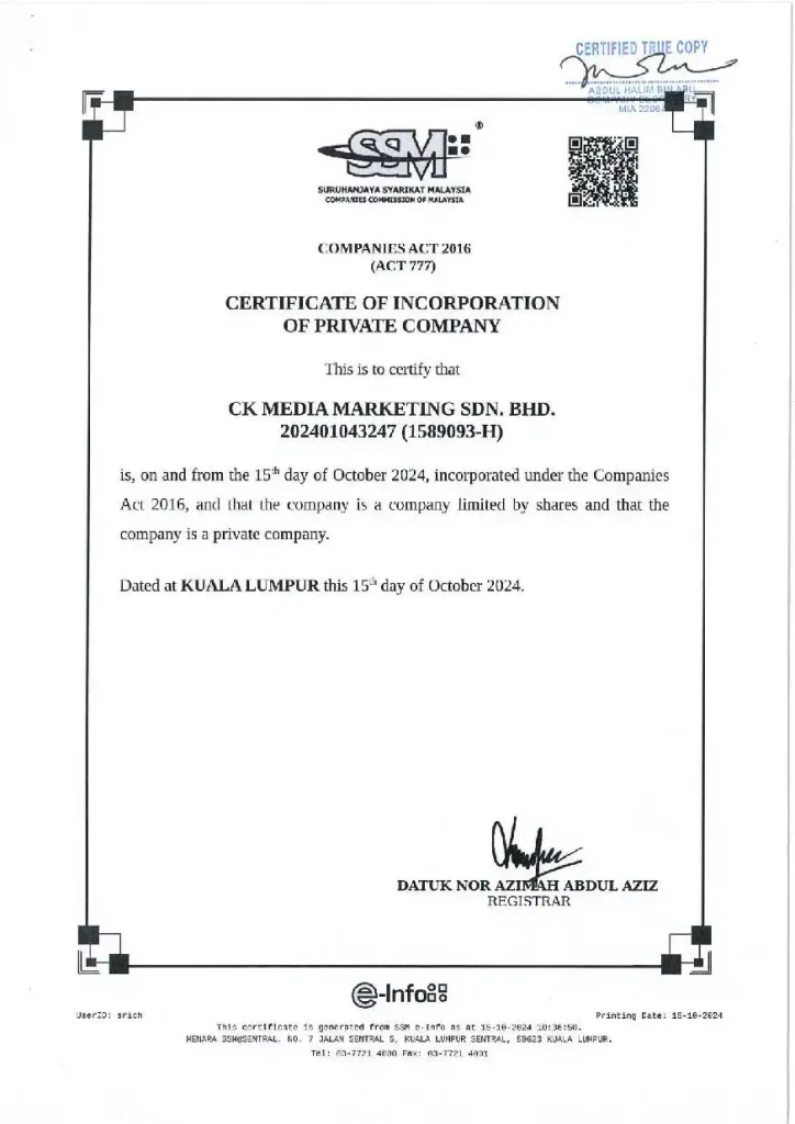 Certificate of incorporation for CK Media Marketing Sdn. Bhd., dated October 15, 2024, in Kuala Lumpur, under the Companies Act 2016. Signed by Datuk Nor Azimah Abdul Aziz. CK Media
